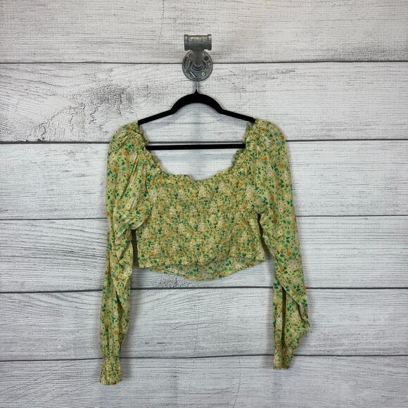 Aerie Women's Green Floral Long Sleeve Crop Blouse Size Medium - Picture 6 of 7